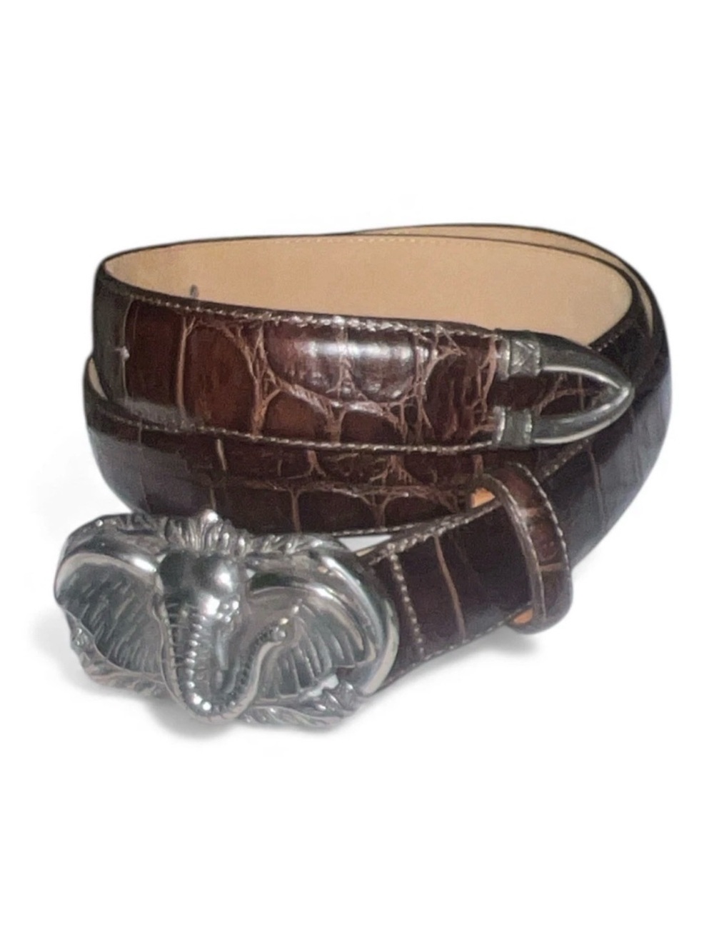 Vintage Brighton Brown Croc Embossed Leather Belt Elephant Buckle Size L